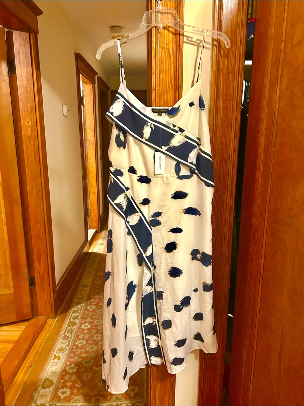 Banana Republic White and Navy Asymmetrical Ruffle Slip Dress